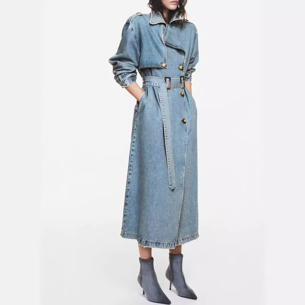 Double Breasted With Belt Denim Trench Coats