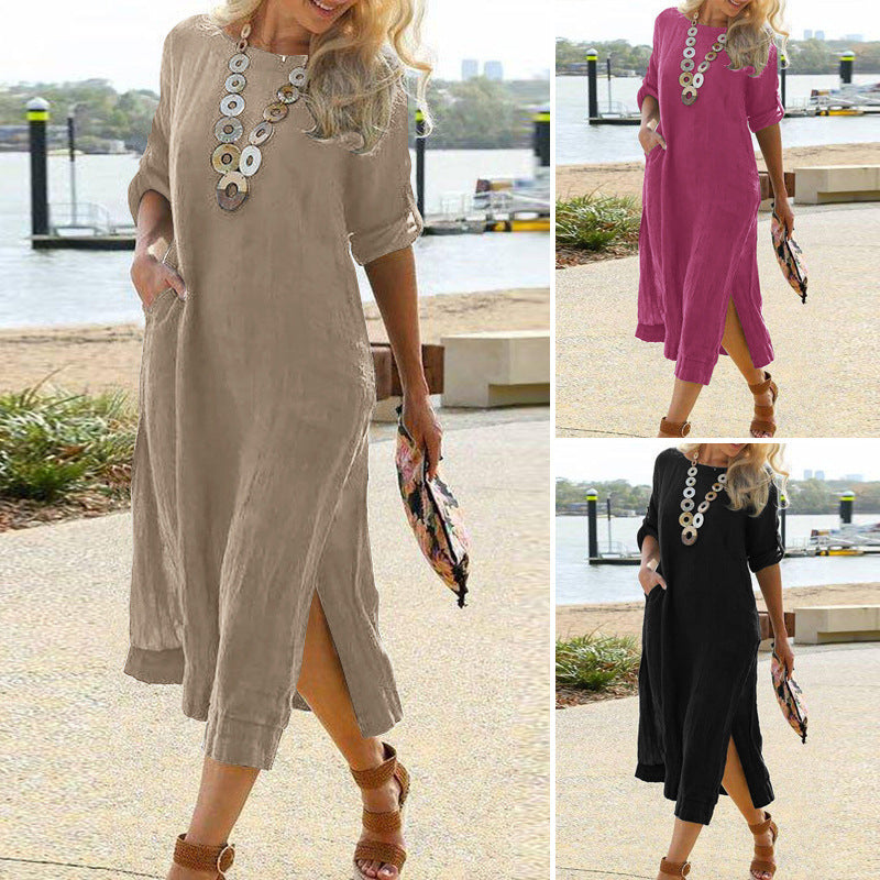 Retro Long Sleeve Slit Hemline At Dresses