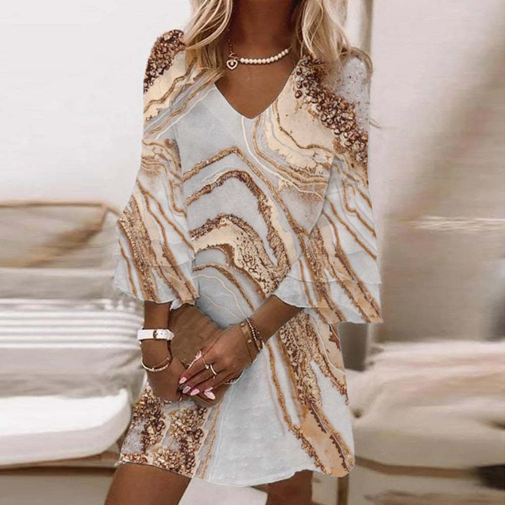 Fresh Printed V-neck Sleeve Mini Dress Dresses