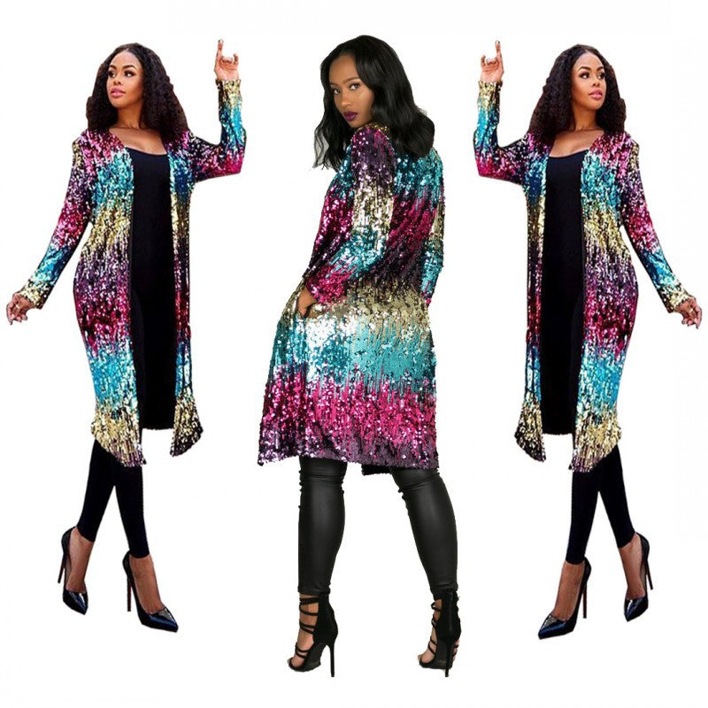 Women's Colorful Sequined Mid-length Trench Urban Casual Coats