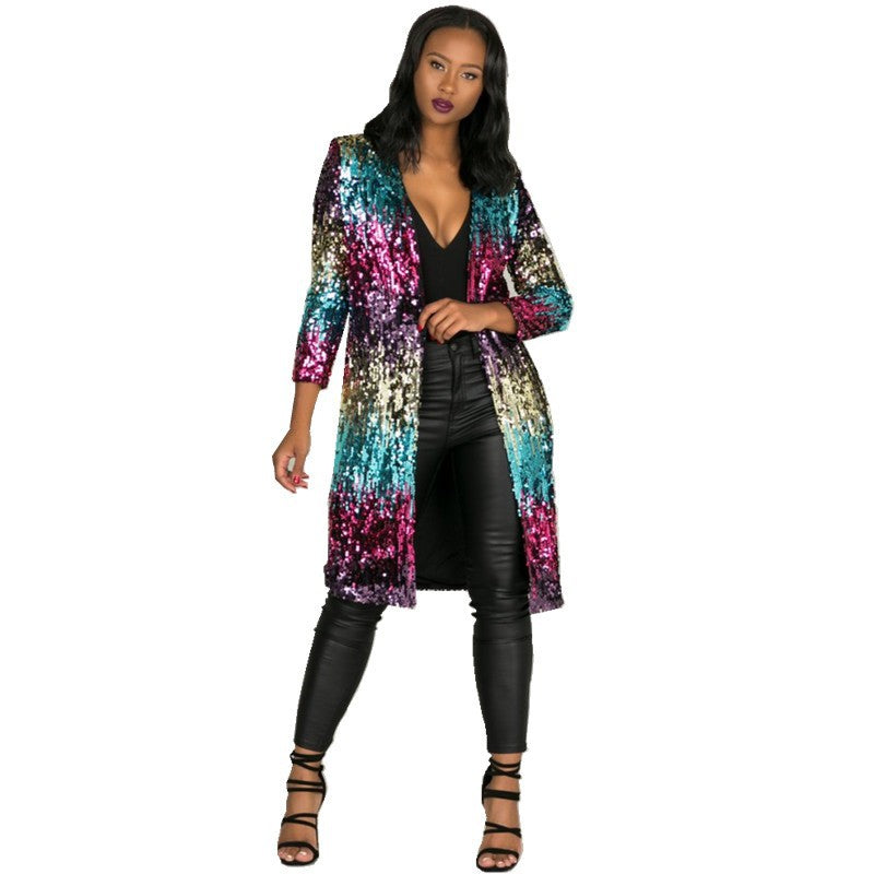 Women's Colorful Sequined Mid-length Trench Urban Casual Coats