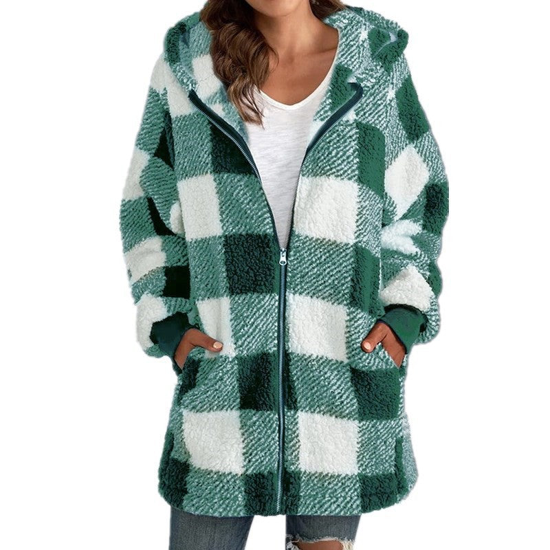 Women's Plush Long-sleeved Plaid Hooded Zipper With Jackets