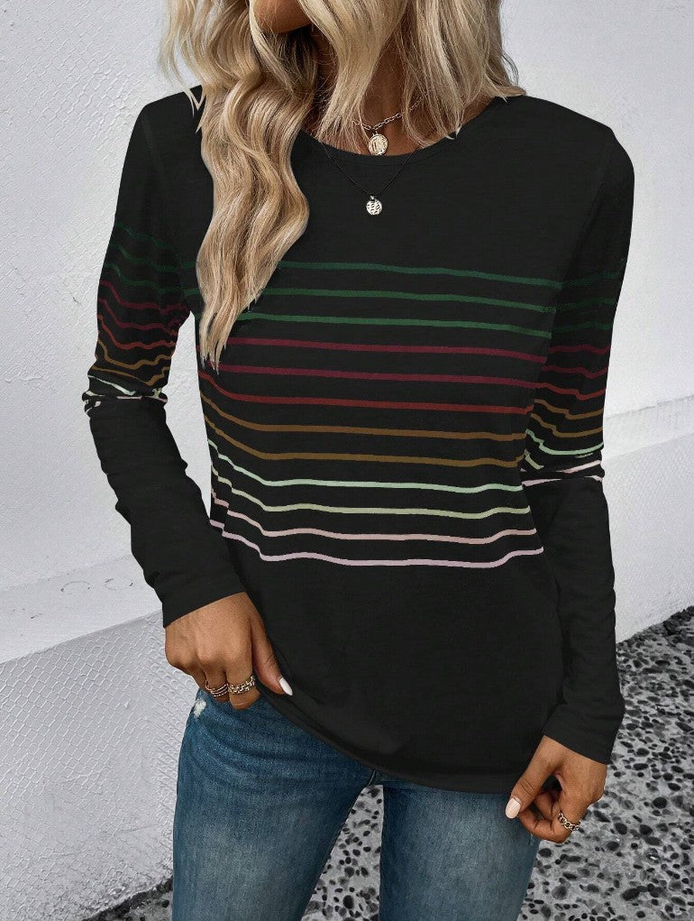 Women's Fashion Striped Printed Round Neck Long Blouses