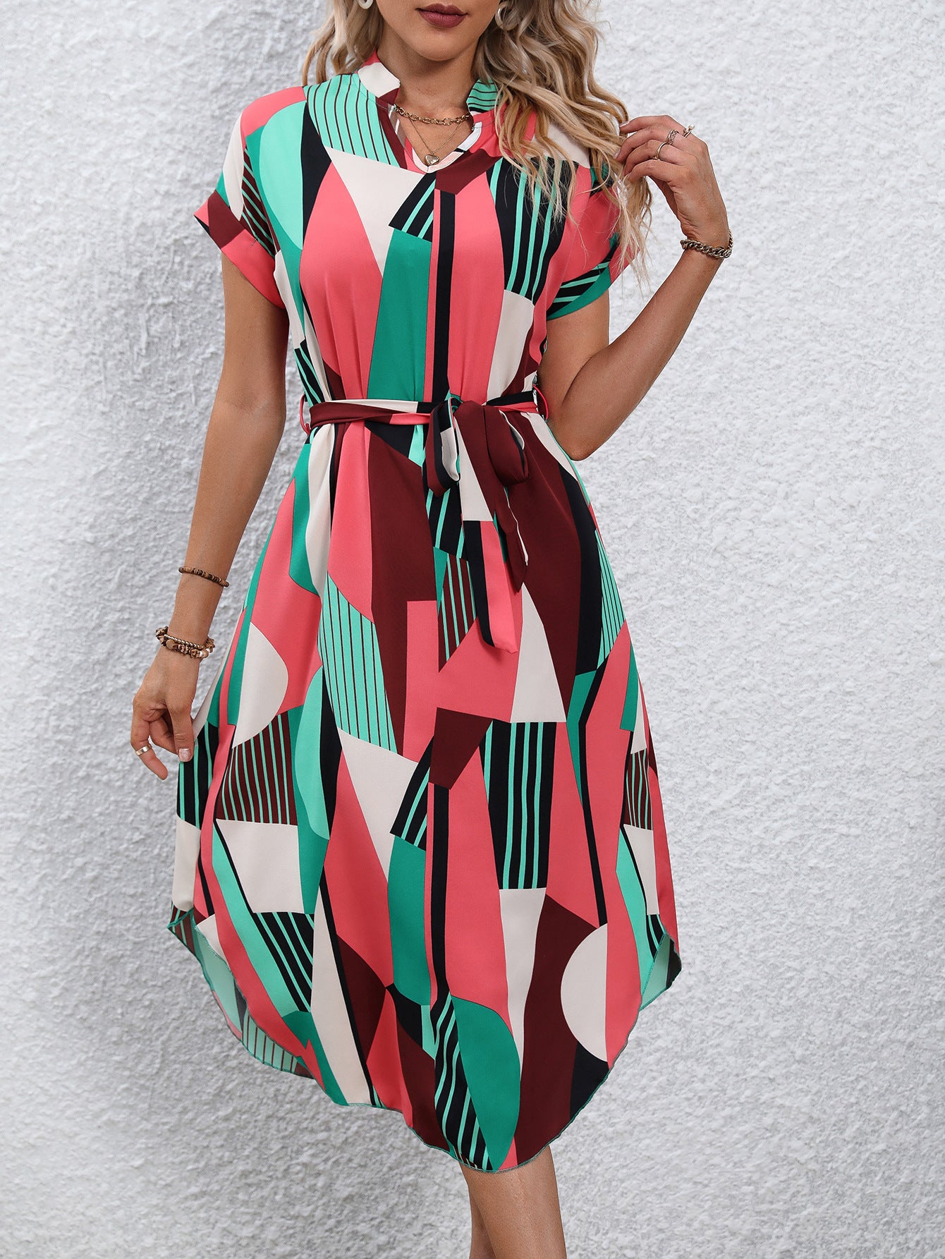 Women's Summer Elegant Printed Batwing Sleeve Belt Dresses