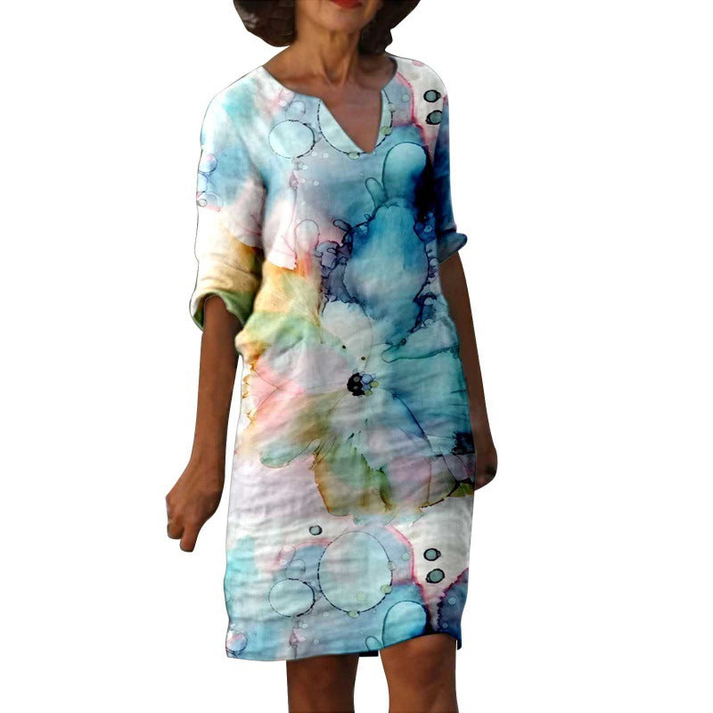 Women's Fashion Painting Printed Half Sleeve Mid-length Dresses