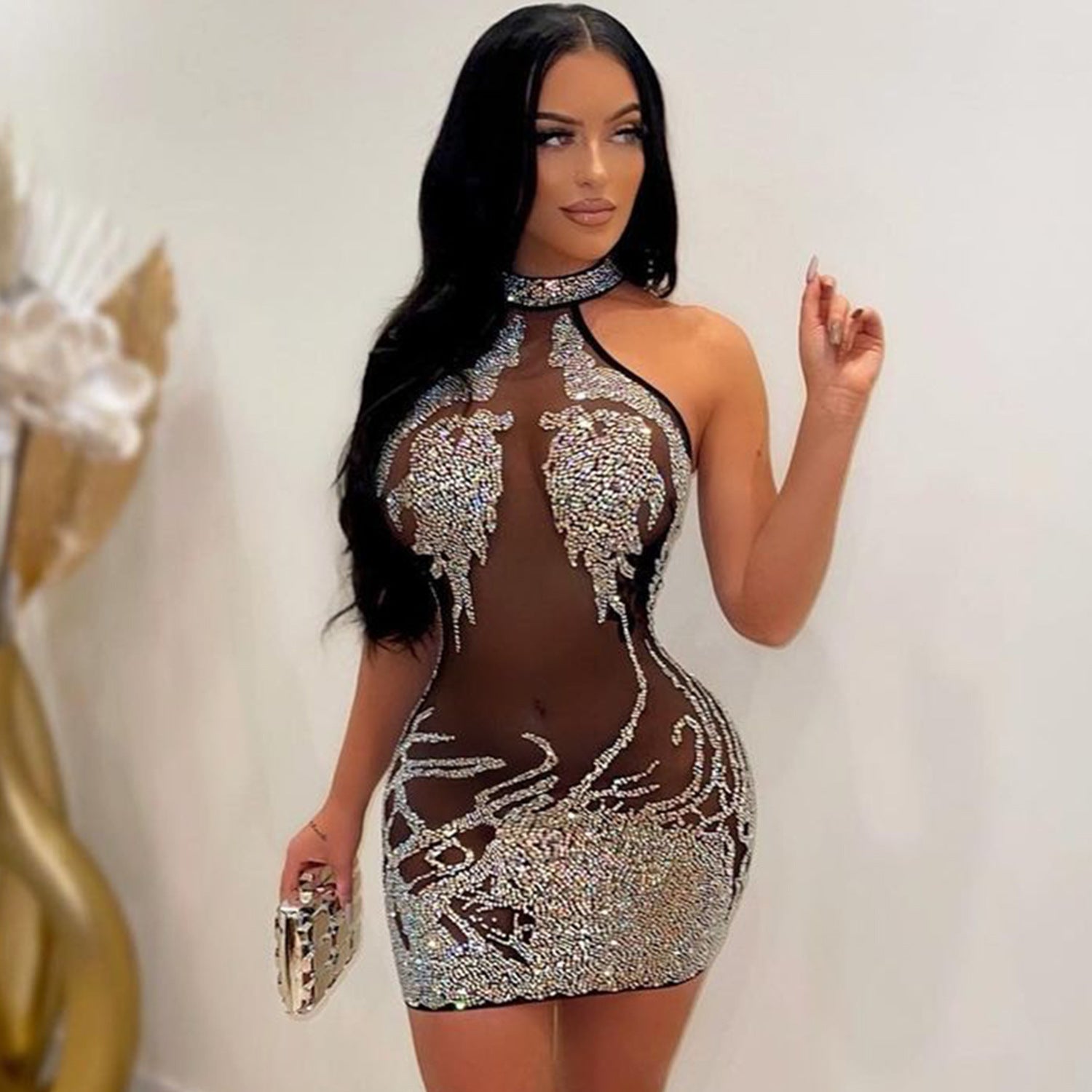 Women's Summer Sexy Tight Mesh Rhinestone Nightclub Dresses