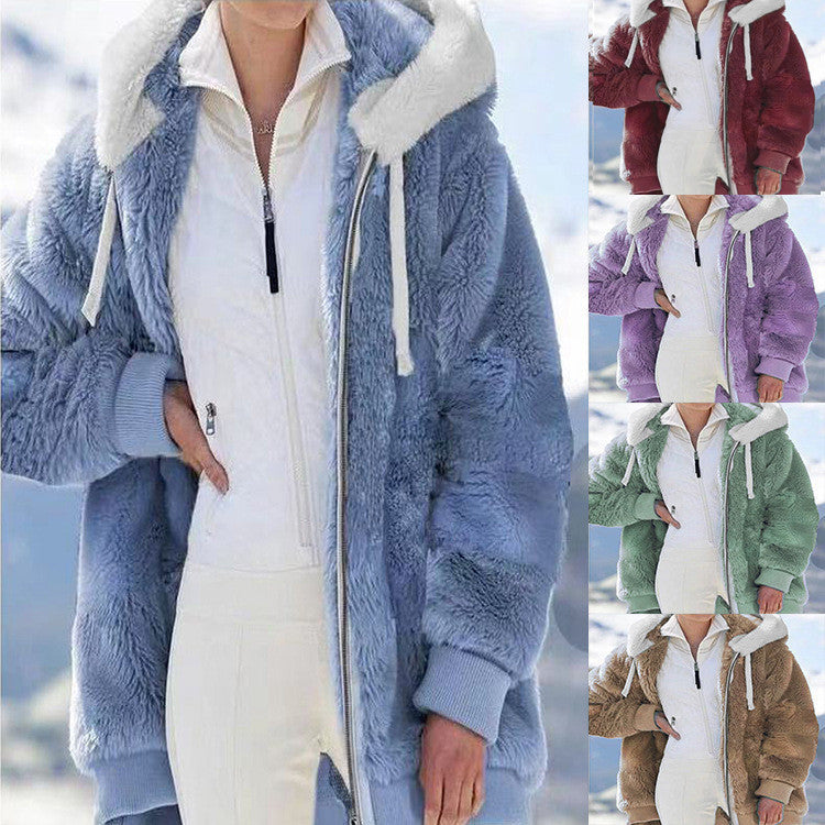 Women's Loose Plush Zipper Hooded For Coats