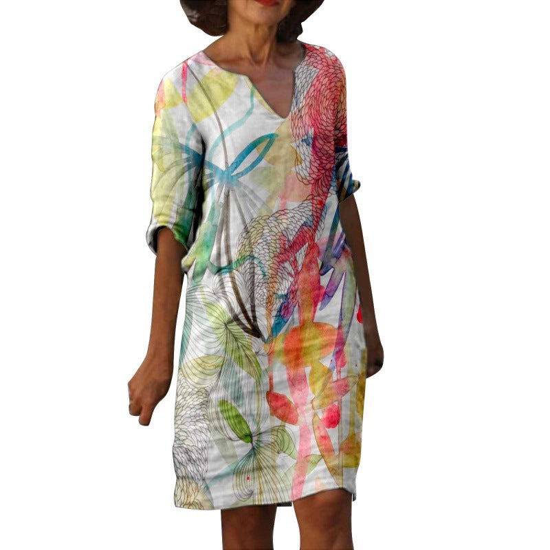 Women's Fashion Painting Printed Half Sleeve Mid-length Dresses