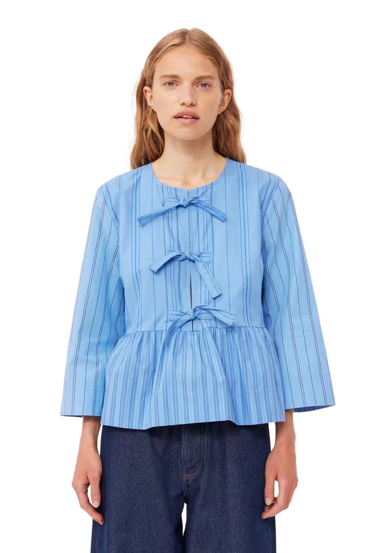 Women's Nordic Cotton Blue Striped Printed Shirt Stitching Tied Blouses