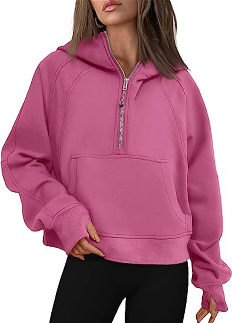 Women's Clothes Sports Half Zipper Hooded Sweatshirt Sweaters