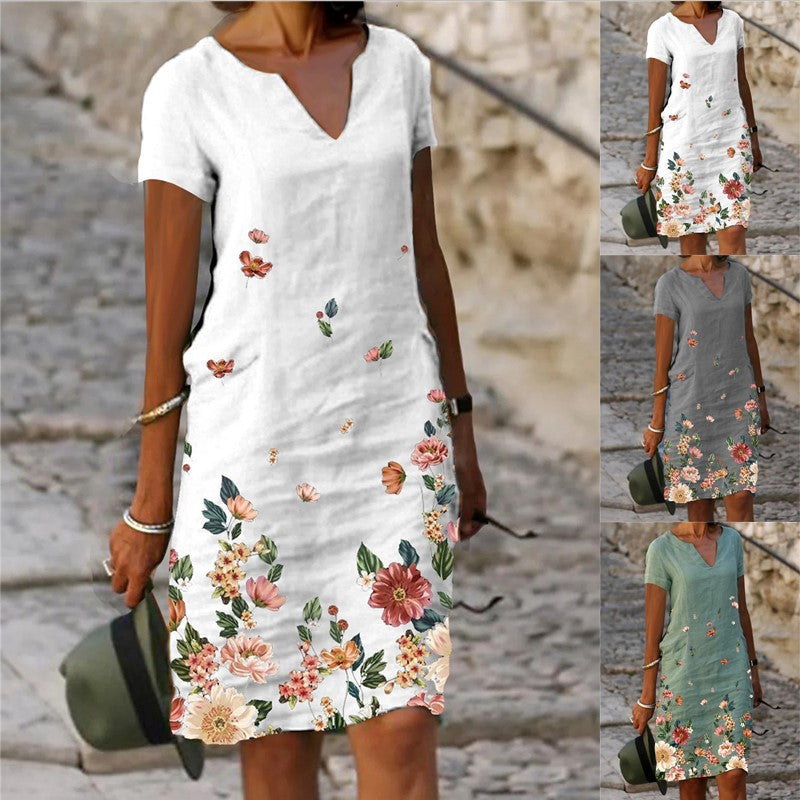 Women's Floral Printed Linen Sleeve Midi V-neck Dresses