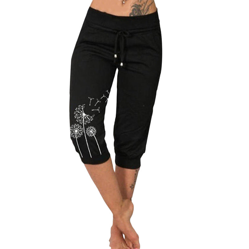 Women's Printed Waist Elastic Drawstring Design Casual Pants