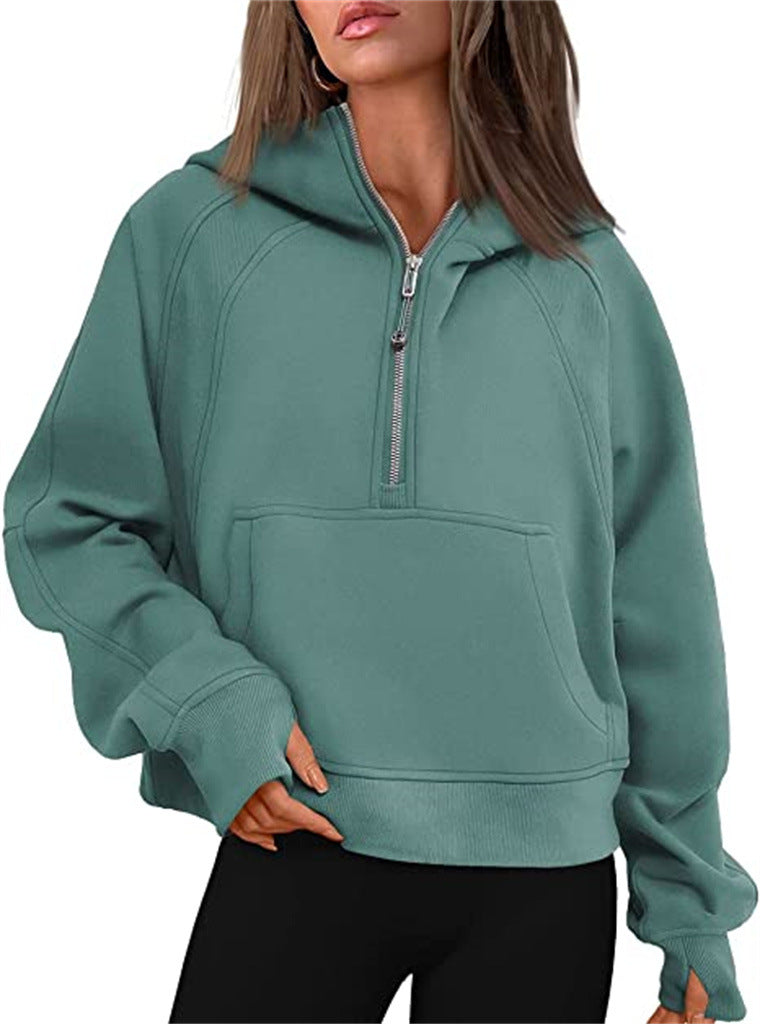 Women's Clothes Sports Half Zipper Hooded Sweatshirt Sweaters