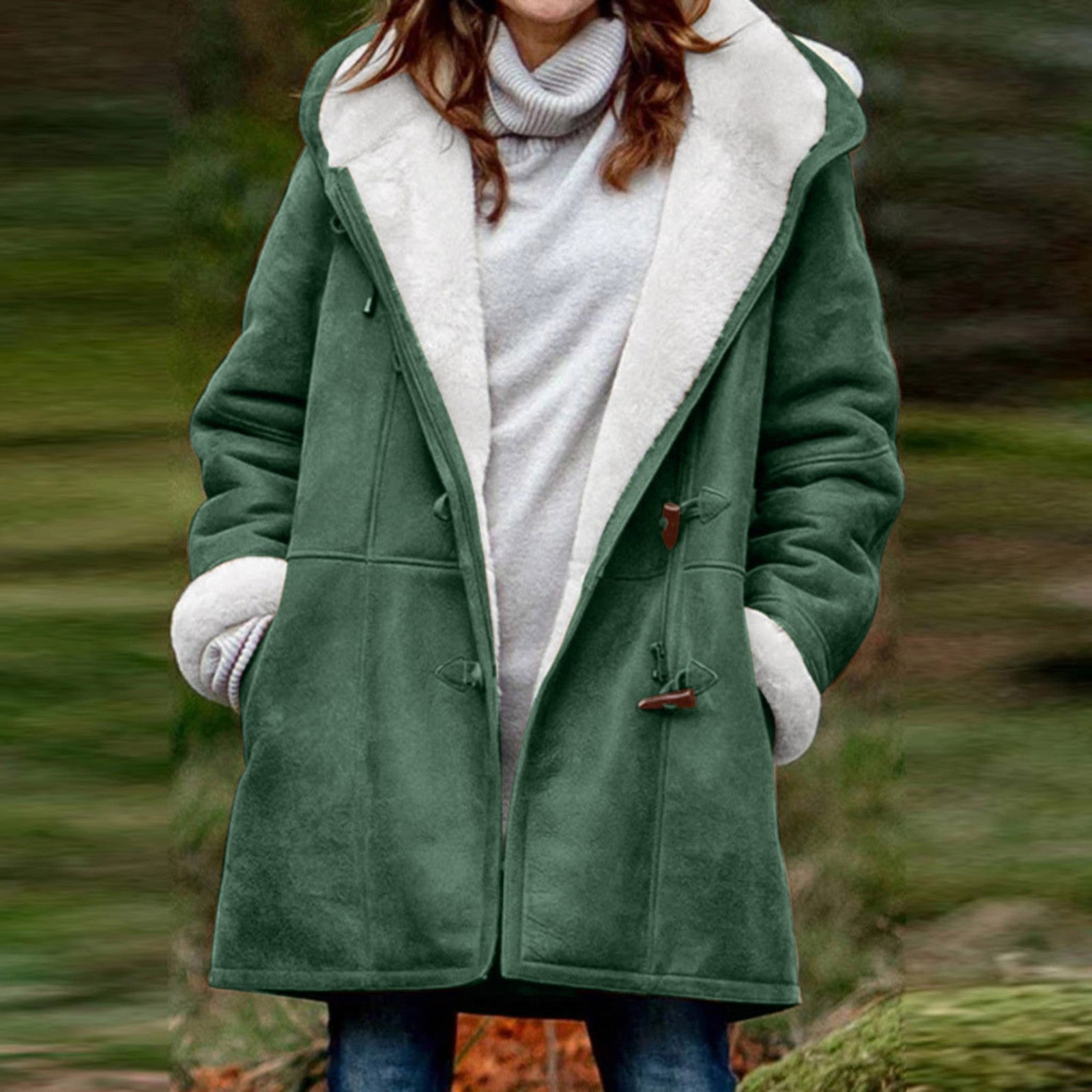 Women's Long Sleeve Horn Button Fleece-lined Warm Jackets