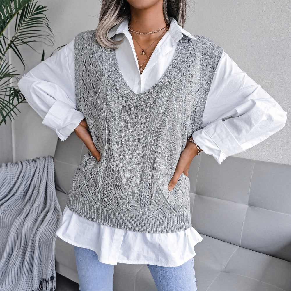 Elegant Women's Hollow Twist V-neck Knitted Sweaters