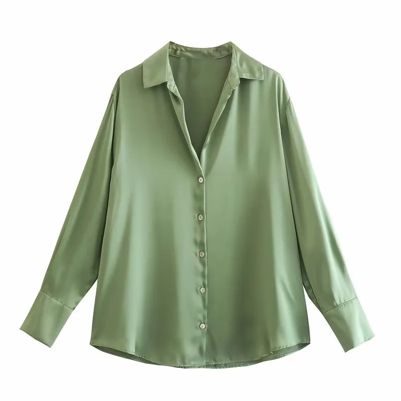 Women's Autumn Silk Satin Texture Draping Long-sleeved Blouses