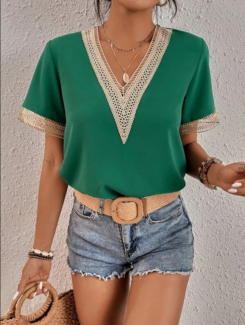 Women's V-neck Lace Casual Solid Color Shirt Blouses