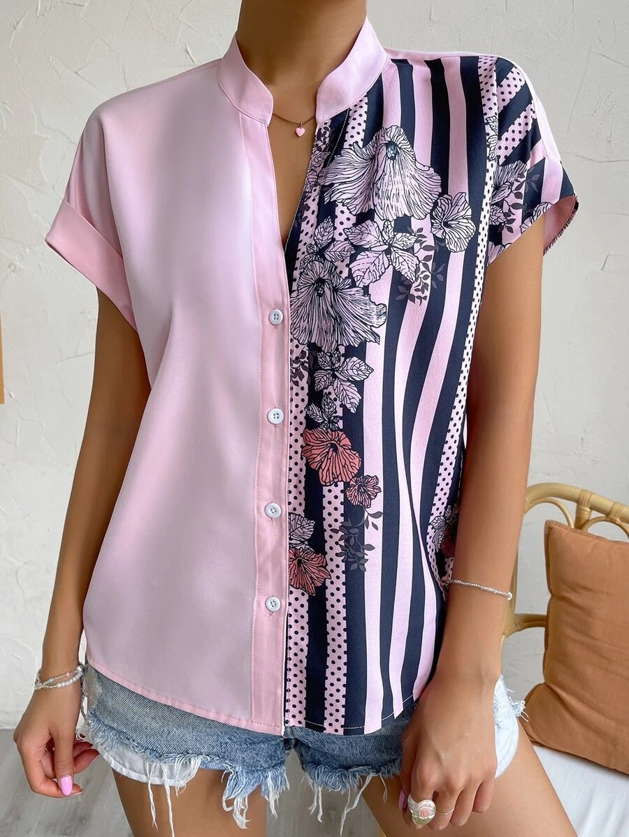 Women's Summer Double Color Matching Floral Button Blouses