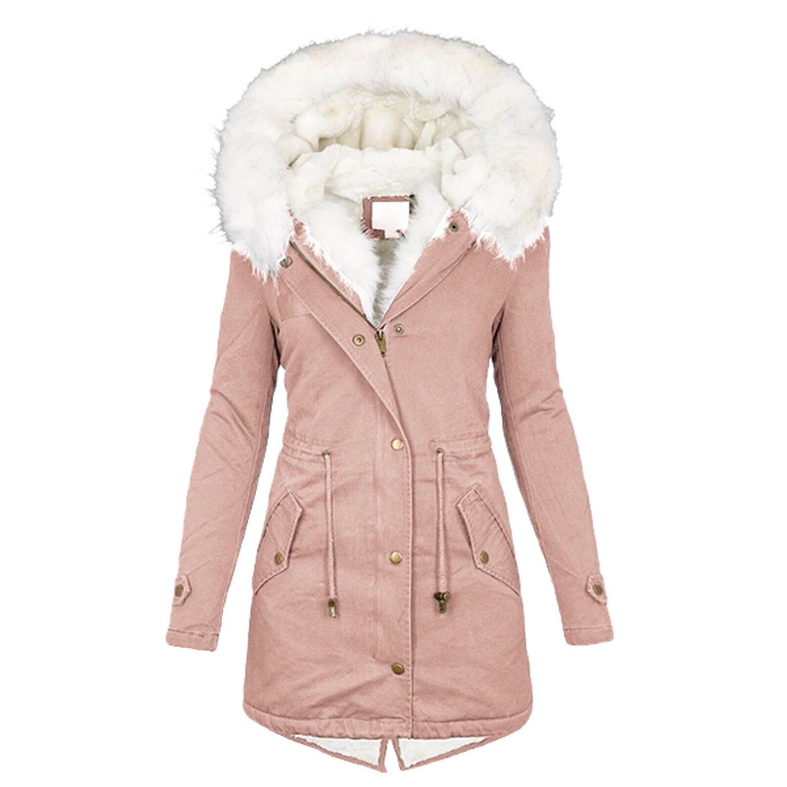 Women's Mid-length White Fur Collar Hood Warm Coats