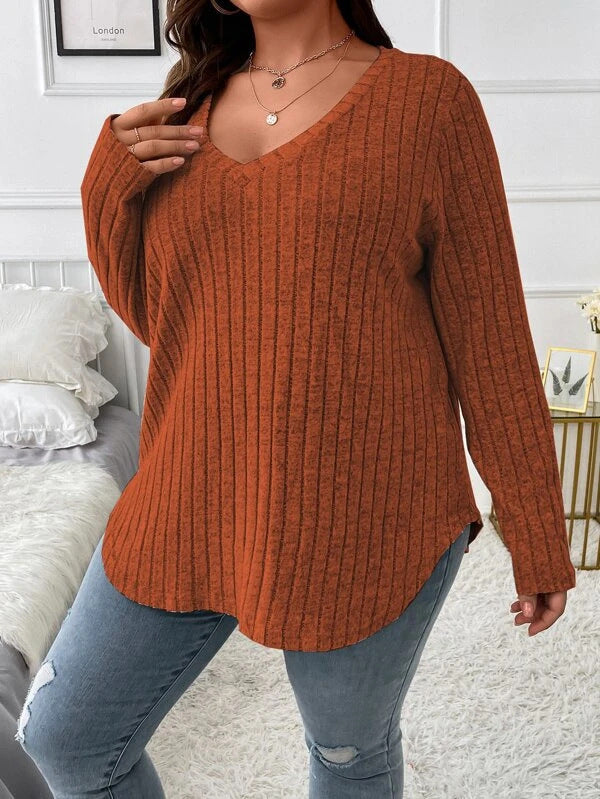 Women's Color Clothes Long Sleeve Sunken Stripe Brushed Plus Size