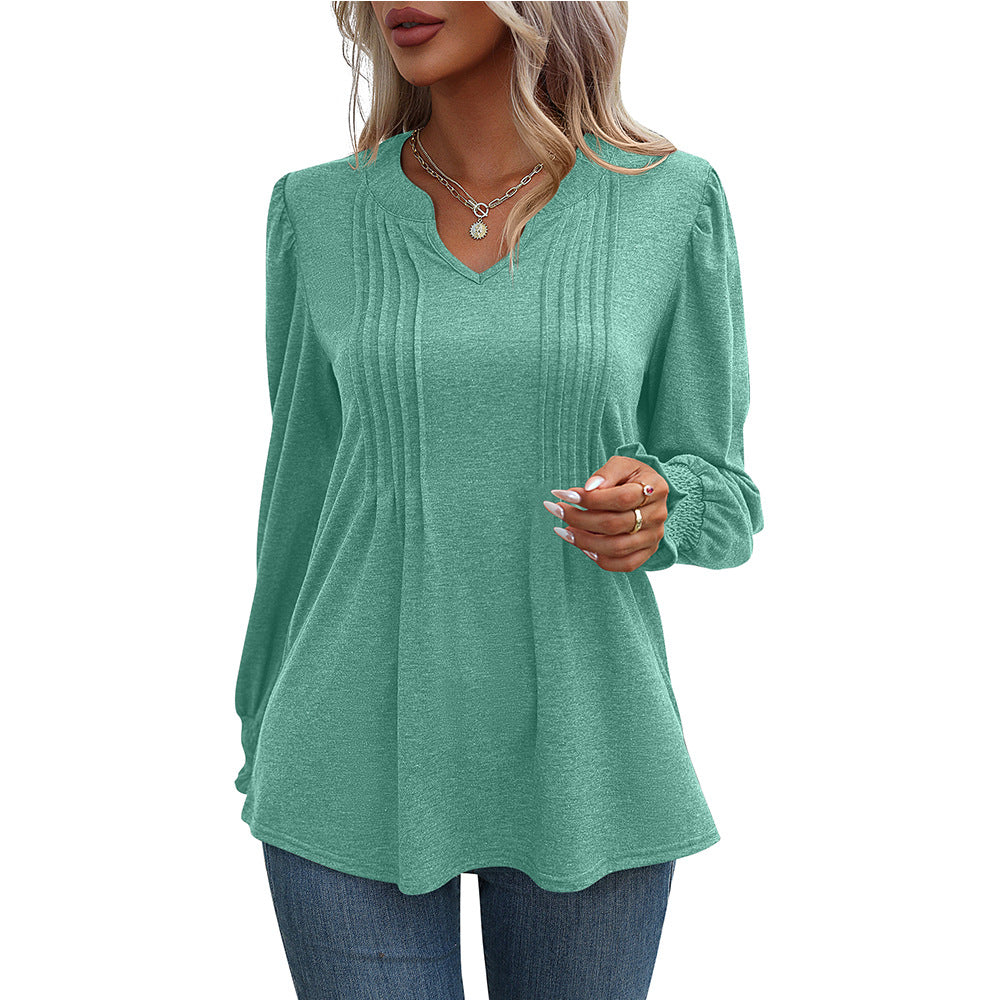 Women's Solid Color Casual Puff Sleeve Smocking Blouses