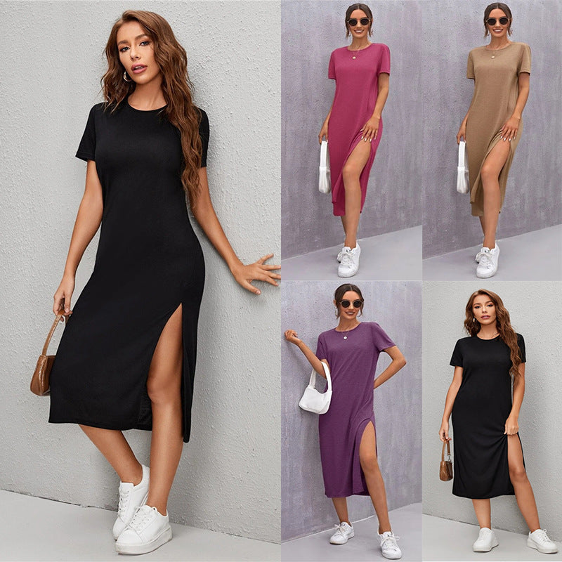 Women's Knitted Short-sleeved Dress Round Neck Slit Dresses