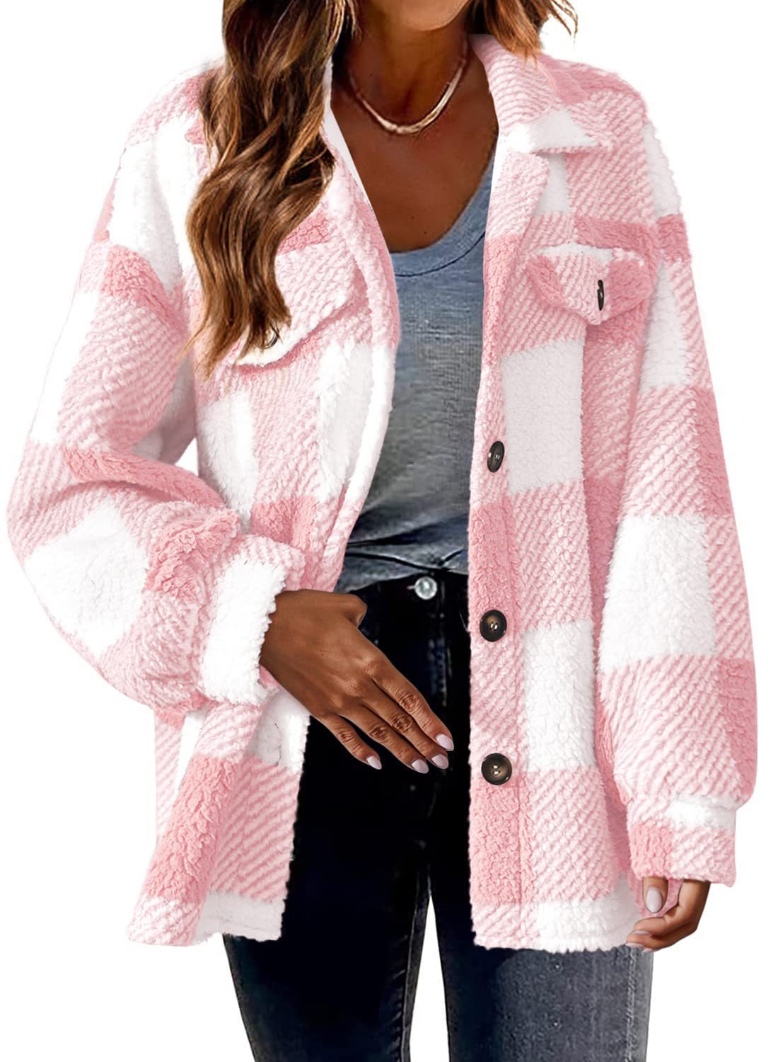 Women's Plaid With Pockets Button Plush Coats