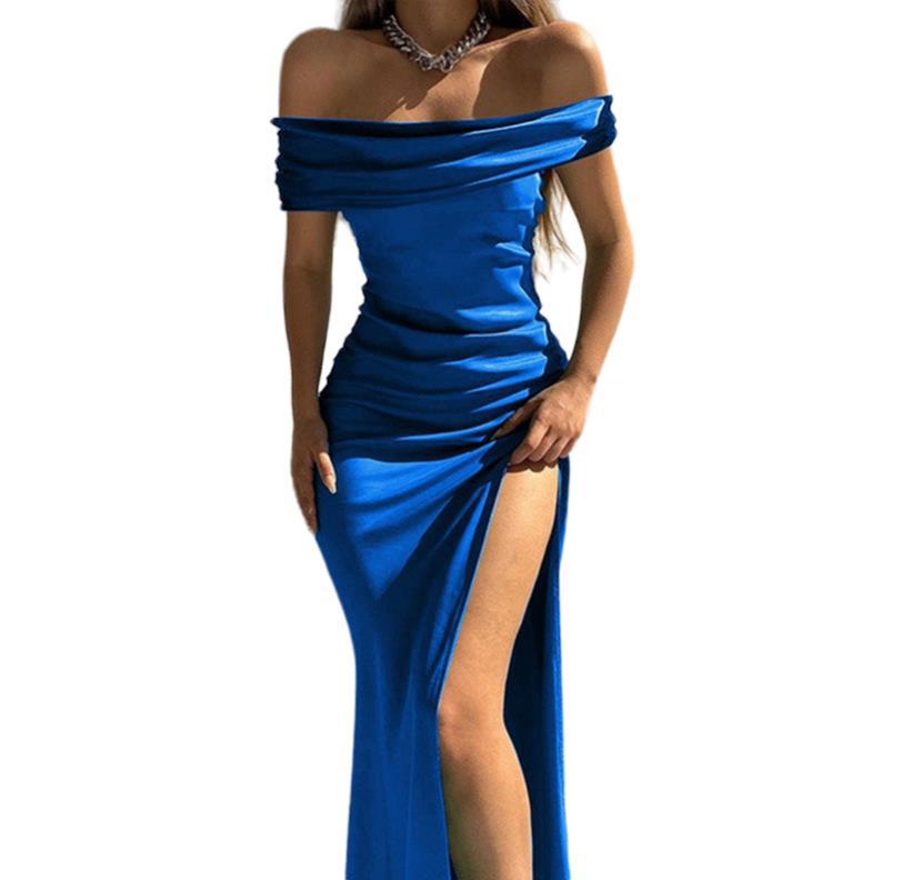 Glossy Stretch Solid Color Off-neck Sexy Maxi Dresses