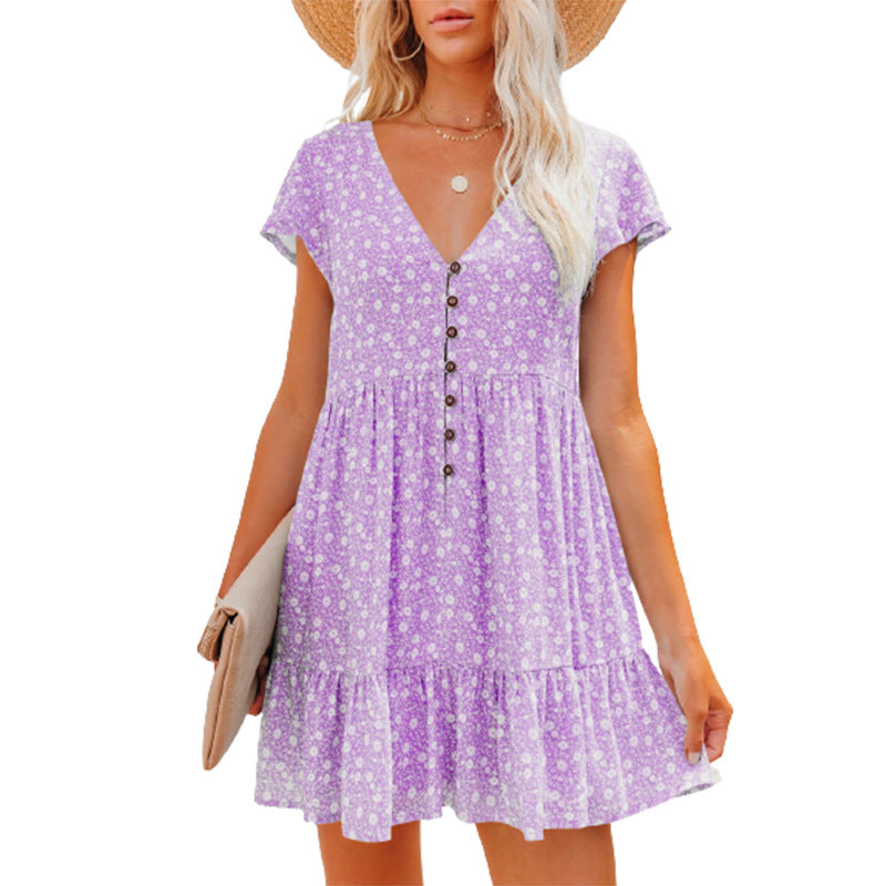 Women's V-neck Buttons Small Floral Sleeve Loose Casual Dresses