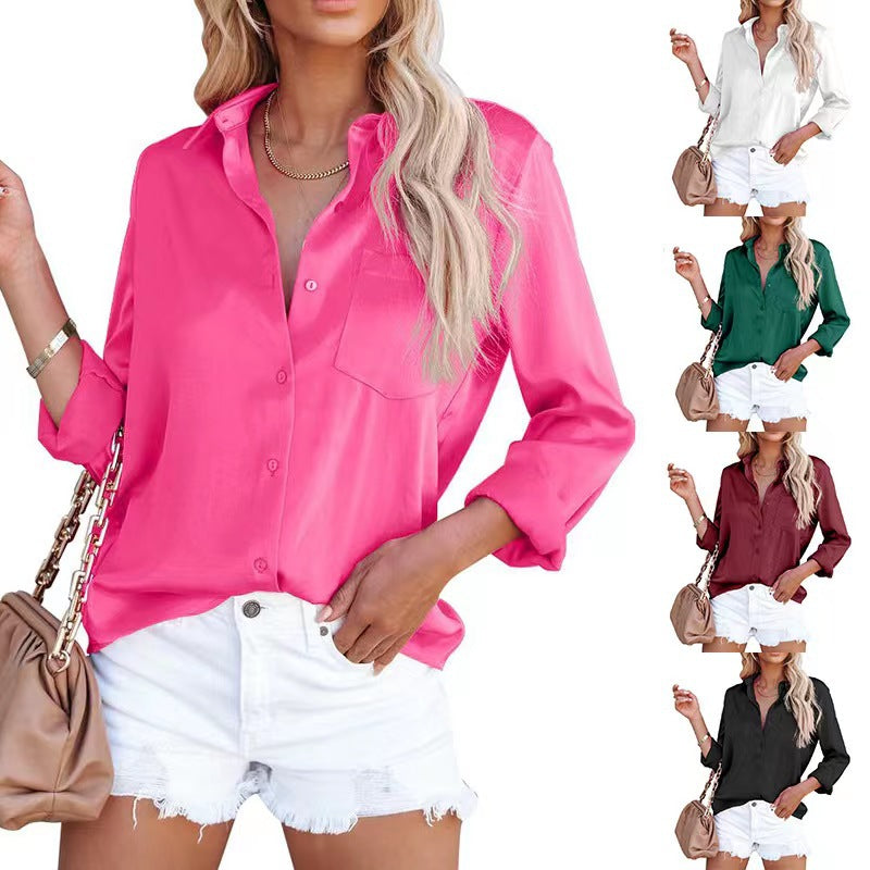 Women's Spring Acetate Satin Solid Color Long-sleeved Blouses