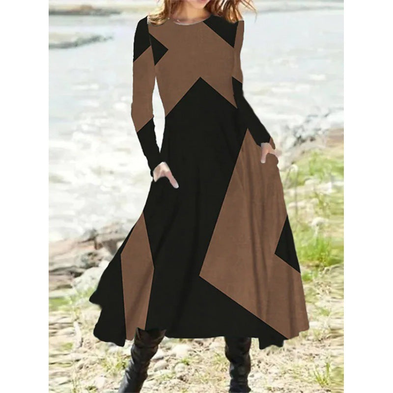 Women's Ethnic Retro Fashion Long Sleeve Oversized Swing Dresses