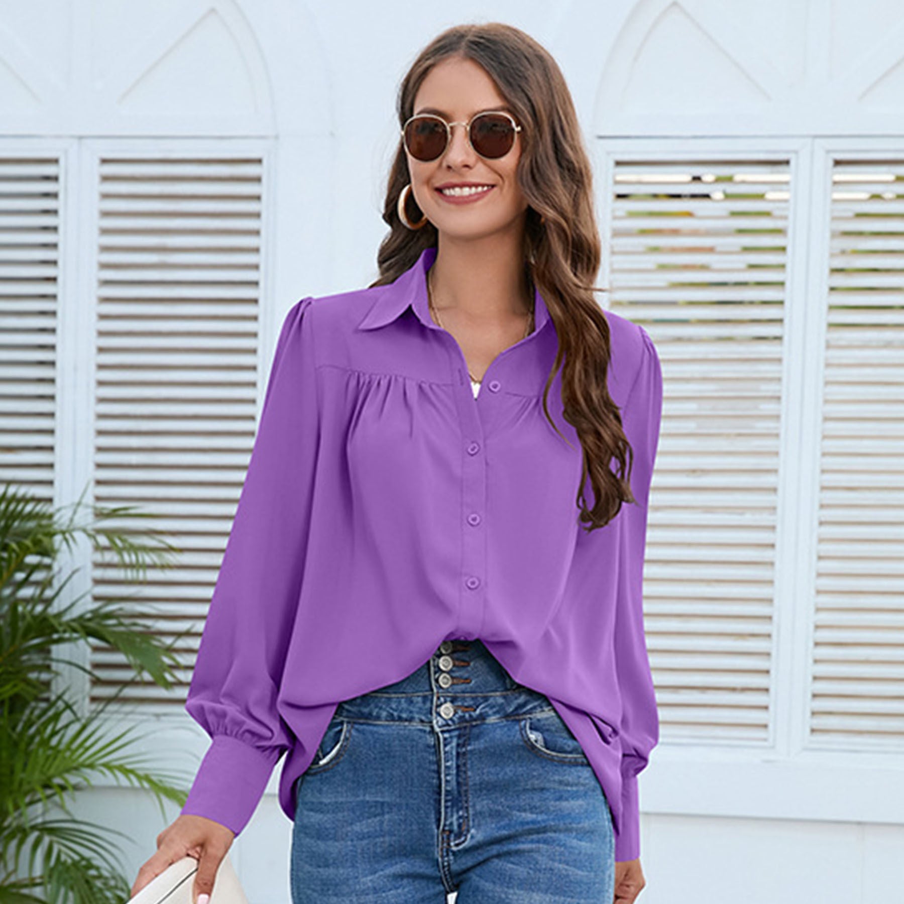 Women's Versatile Chiffon Shirt Pleated Long-sleeved Tops