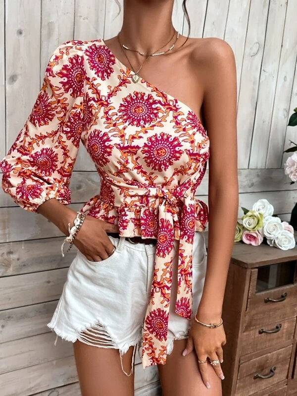 Summer Mandala Printed One-shoulder Lantern Sleeve Ruffled Blouses