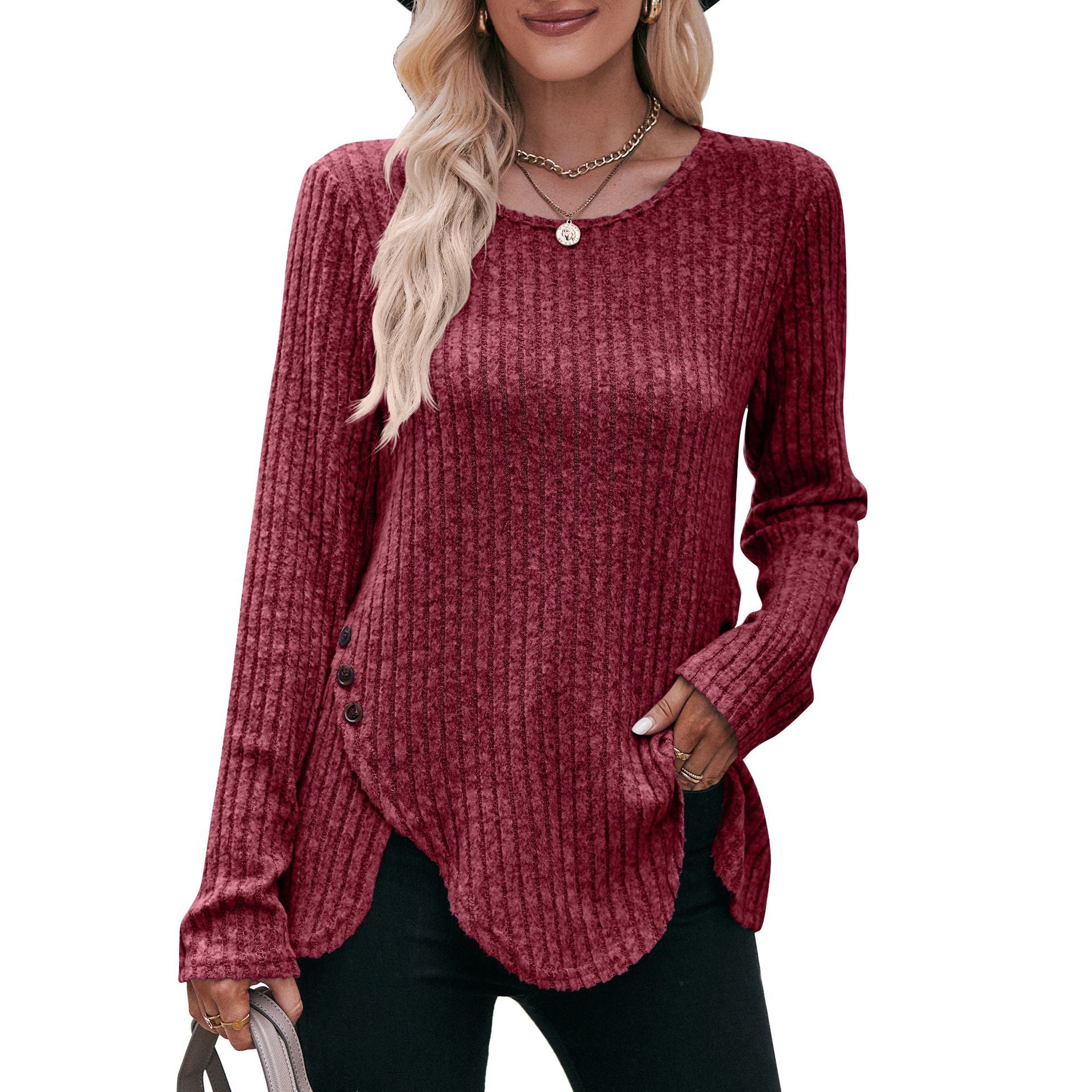 Women's Stripe Brushed Solid Color Long Sleeve Blouses