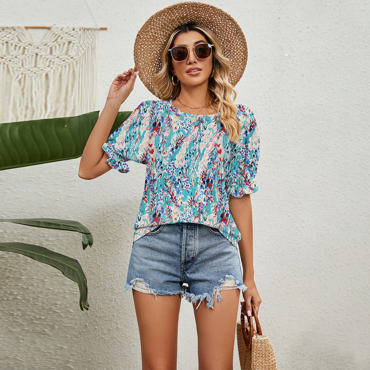 Women's Summer Floral Loose All-match Round Neck Blouses