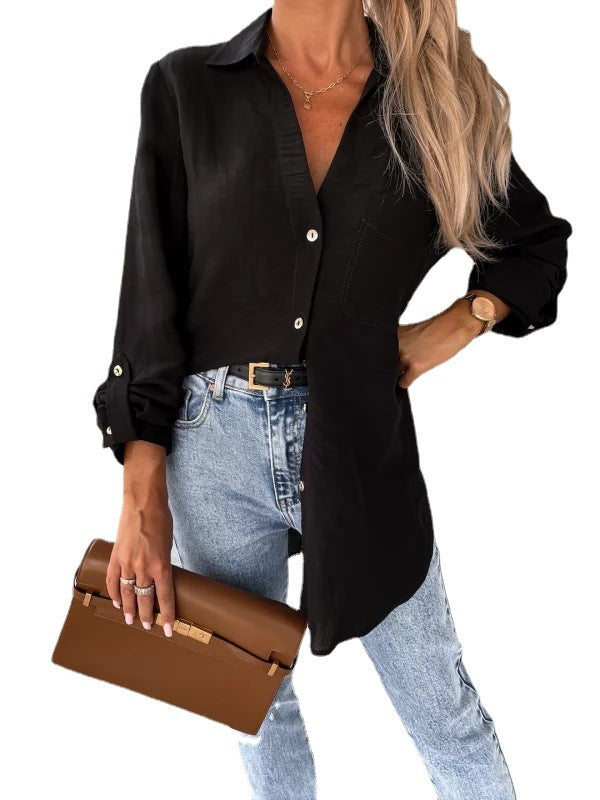 Women's Simple Solid Color Rolled Sleeves V-neck Buttons Blouses