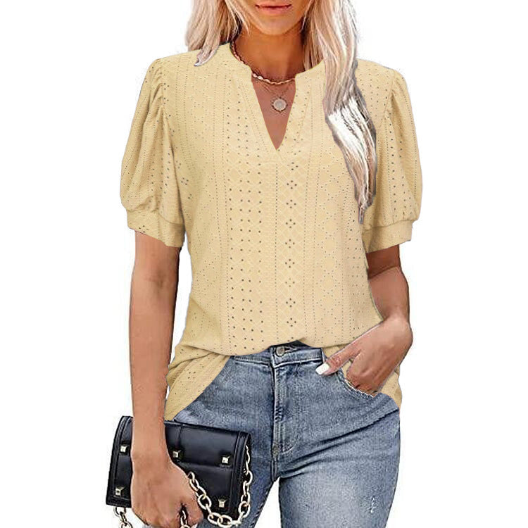 V-neck Solid Color Hollow Puff Sleeve Blouses