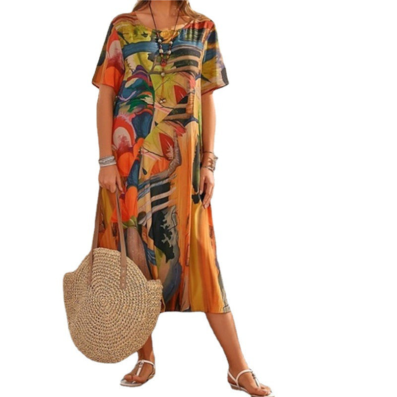 Printing Summer Sleeve Loose Round Neck Dresses