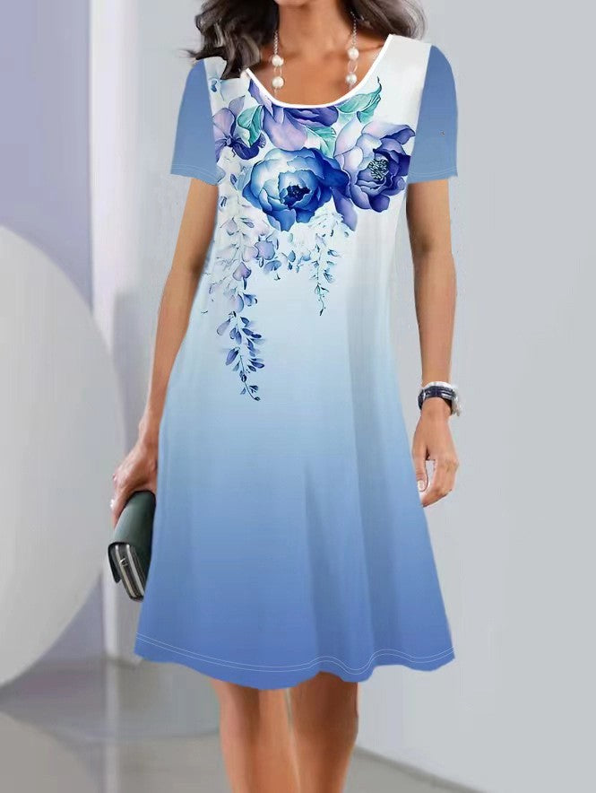 Print Long Sleeve Round Neck Mid-length Dresses