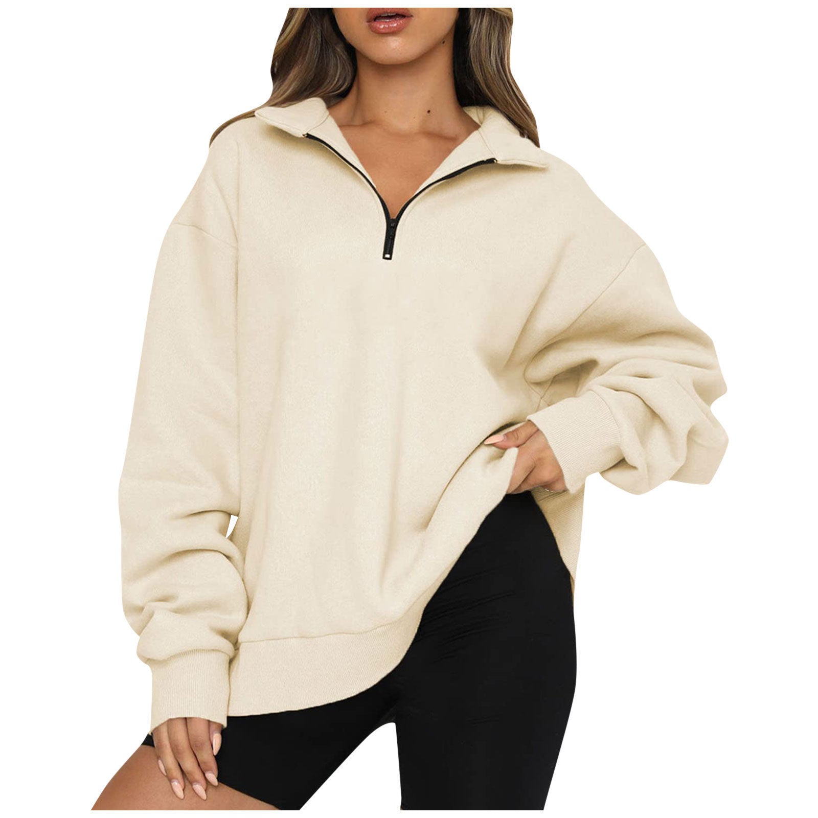 Women's Casual Half Long-sleeve Zipper Fleece-lined Pocket Sweaters