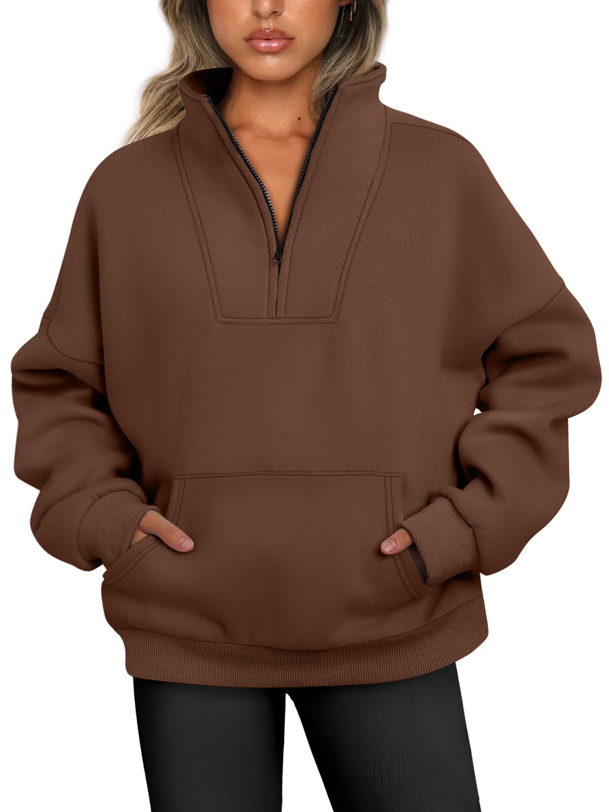 Women's Stand Collar Solid Color Hoodie Pocket Zipper Casual Sweaters