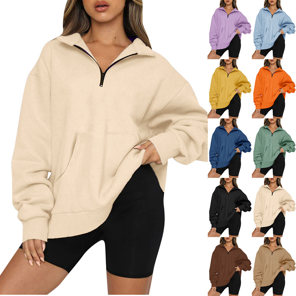 Women's Pocket Half Zipper Pullover Long Sleeve Sweaters
