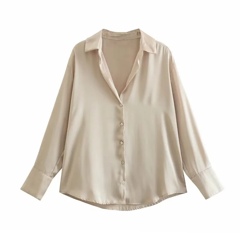 Women's Autumn Silk Satin Texture Draping Long-sleeved Blouses