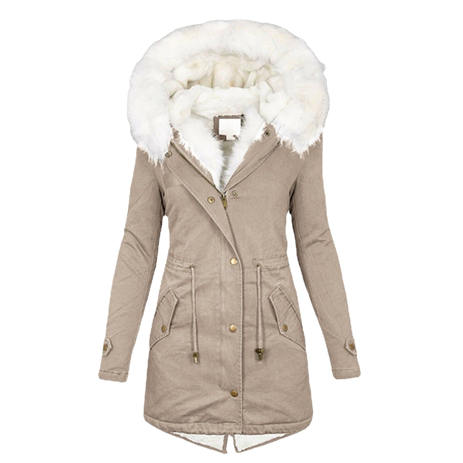 Women's Mid-length White Fur Collar Hood Warm Coats