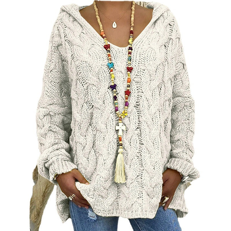 Women's Long Sleeve Hood Knitted Loose Pullover Sweaters