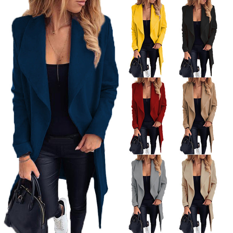 Women's Fashion Tie Lapel Solid Color Woolen Coats