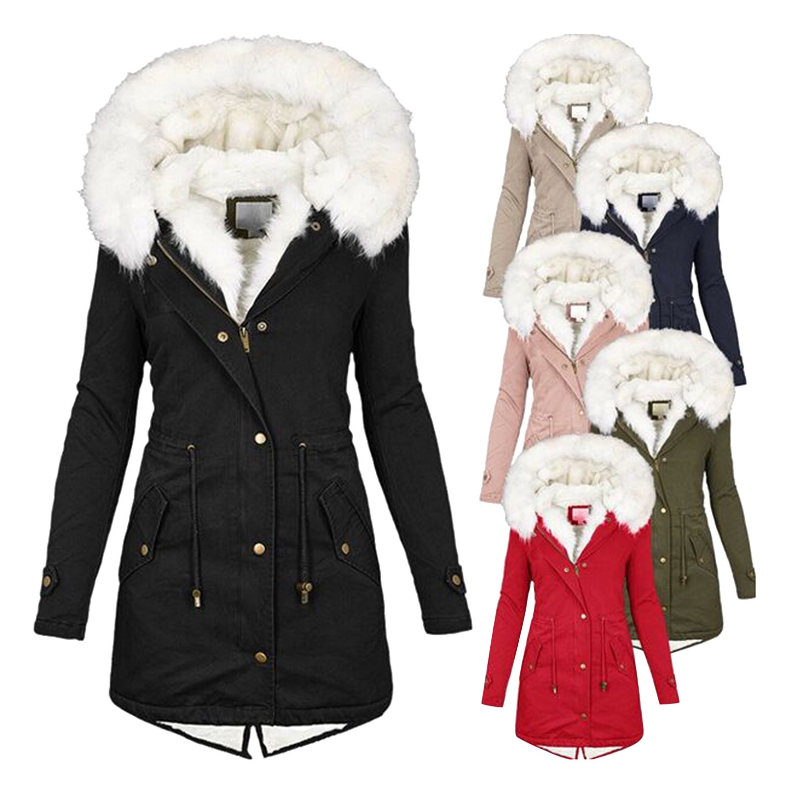 Women's Mid-length White Fur Collar Hood Warm Coats