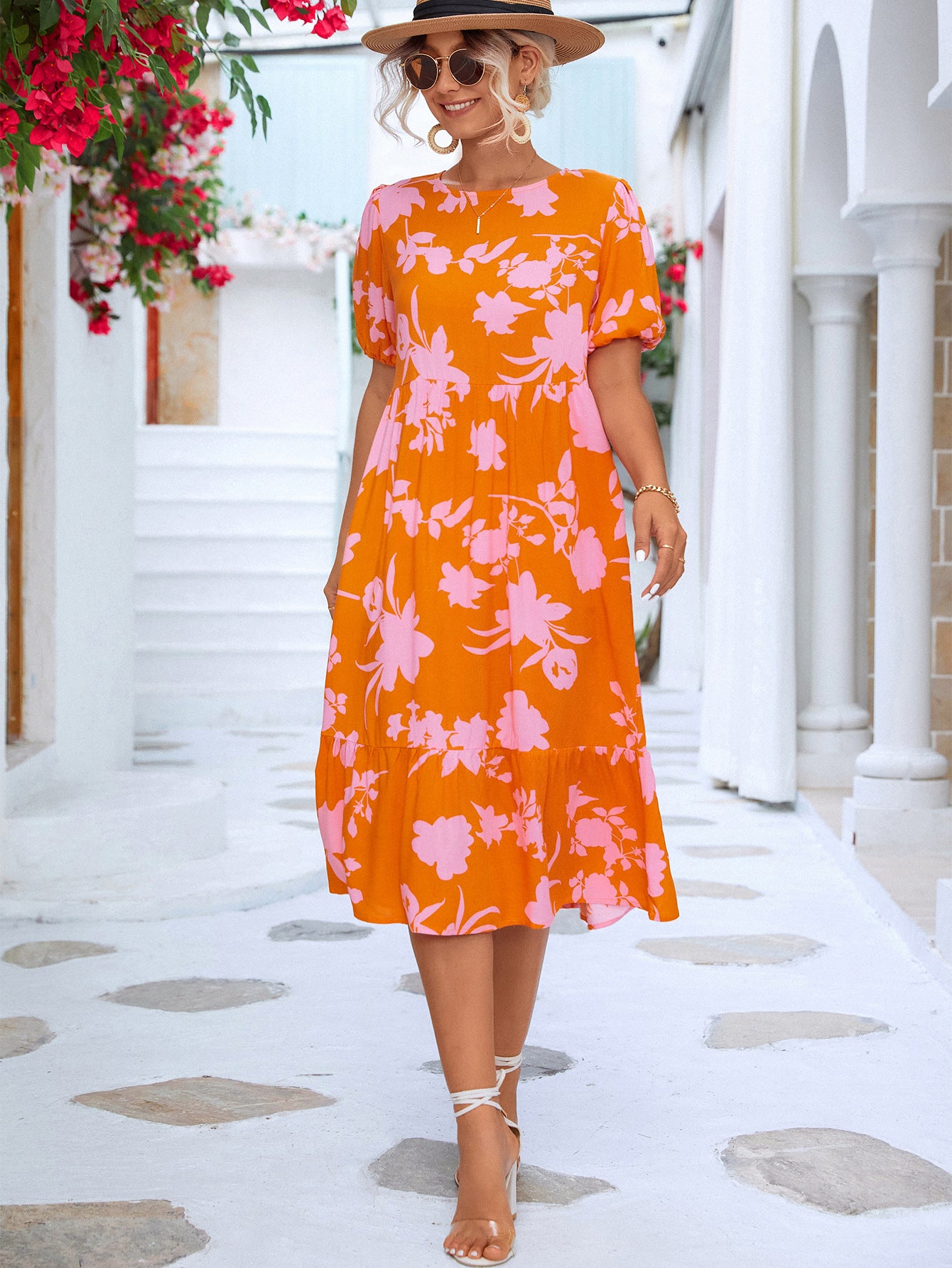 Elegant Classic Versatile Puff Sleeve Printed Dresses