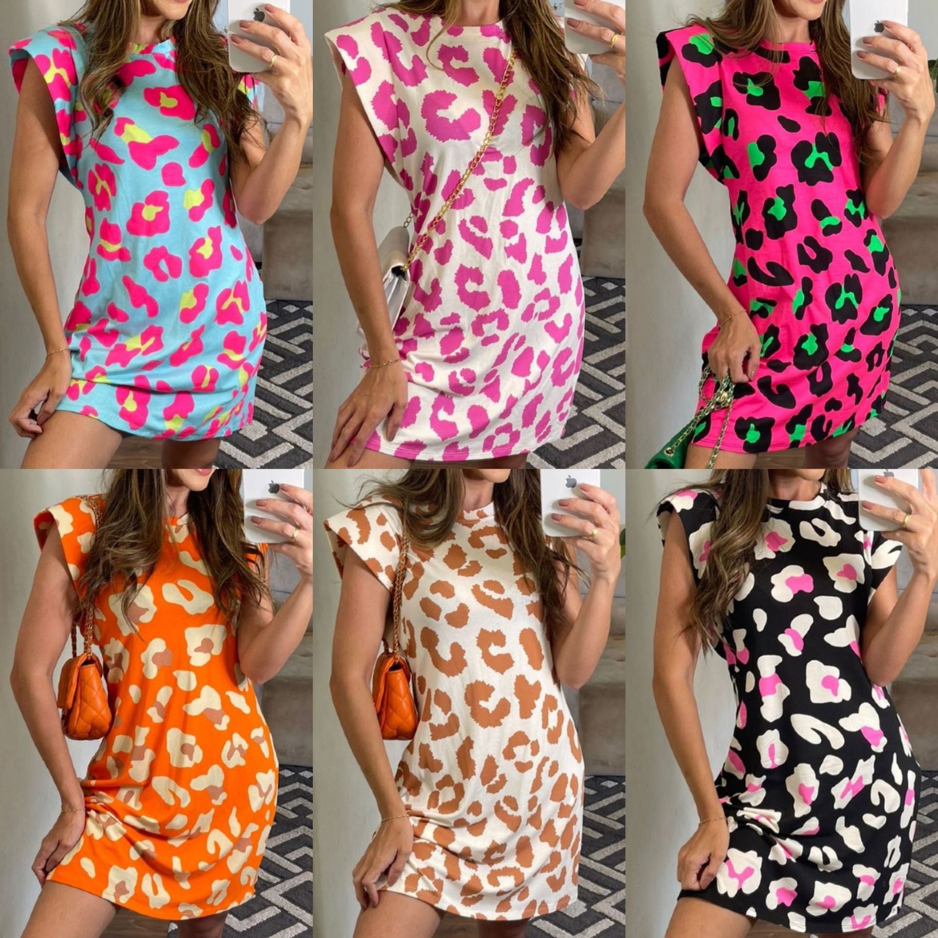 Round Neck Leopard Print Multicolor Mini Dresses