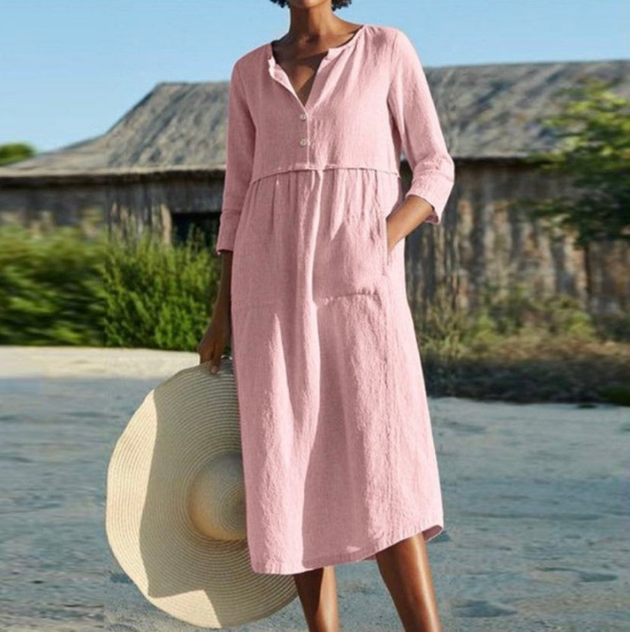 Round Neck Button Pocket Linen Half Dresses